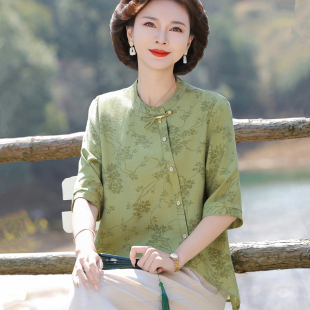 中老年女宽松棉绸衬衫 妈妈夏装 套装 国风纯棉麻小衫 T恤上衣赋 时尚