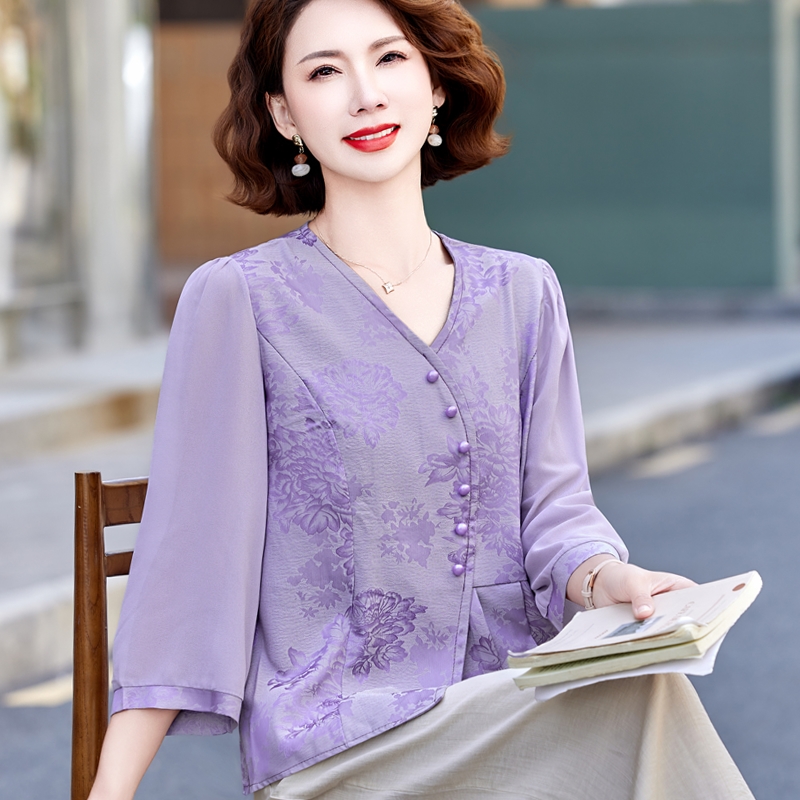 洋气年轻妈妈夏装雪纺小衫套装中老年女真丝衬衫短袖宽松T恤上衣
