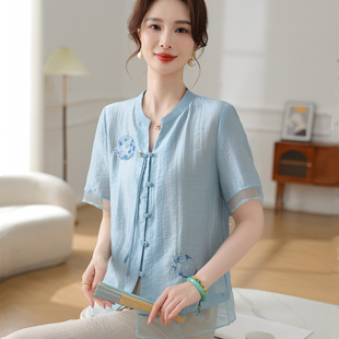 上衣 洋气妈妈夏装 棉绸小衫 国风T恤衬衫 两件套中老年女纯棉麻短袖