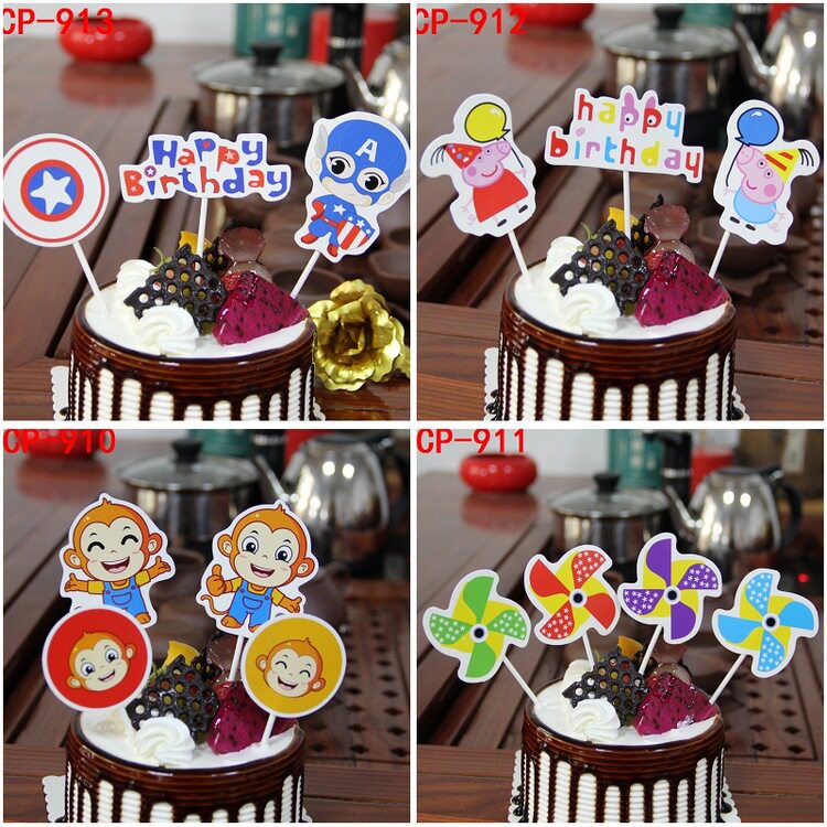 卡通生日快乐蛋糕插牌插旗 创意情景甜品台派对用品diy小猪可爱猴