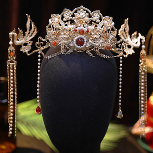 明制汉服配饰秀和服发冠发钗套装 百搭红色金色华丽步摇凤来朝超仙