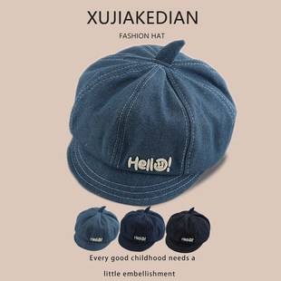 儿童八角帽子春秋薄款牛仔字母洋气时尚鸭舌贝雷帽男女宝宝遮阳帽