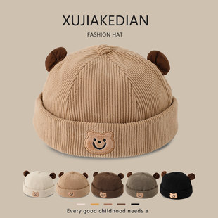 韩系可爱儿童帽子春秋季灯芯绒地主帽男女宝宝个性雅痞冬天瓜皮帽