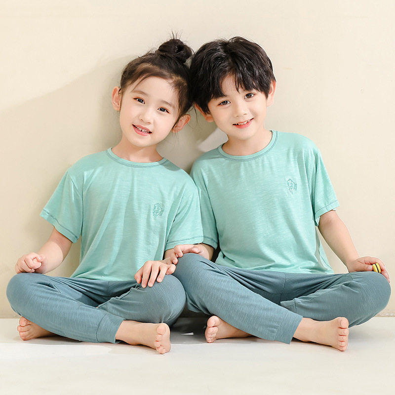 儿童睡衣莫代尔薄款男童短袖套装女童空调服中大童亲子夏装家居服