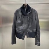 2026早秋新款 绵羊皮真皮皮衣女机车显瘦拼接针织水洗皮机车夹克