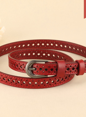免打孔皮带头层纯牛皮腰带女复古红色真皮大码牛仔裤带装饰本命年
