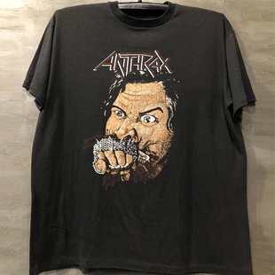 Anthrax炭疽乐队嘻哈风摇滚短袖复古印花小领口纯棉宽松潮流Tee恤
