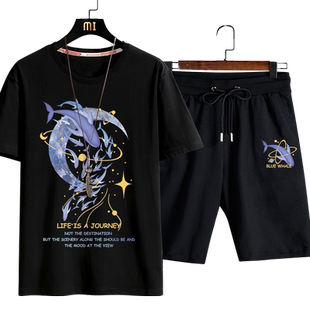 青少年夏季套装男2026新款初中生学生潮流夏装潮牌纯棉短袖t恤男