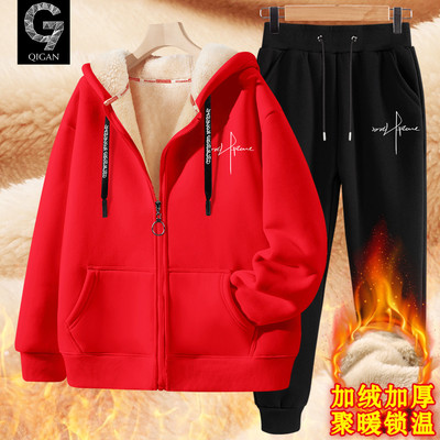 加绒卫衣男款加厚冬季青少年套装