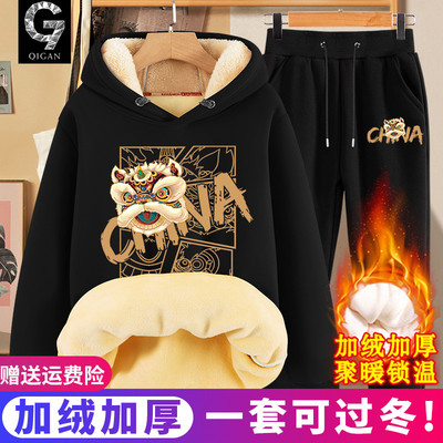 加绒加厚卫衣男冬季青少年套装