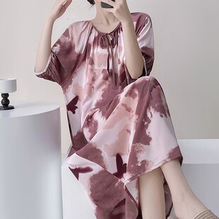 可外穿休闲宽松胖MM大码短袖睡裙夏天长裙棉绸家居服连衣裙睡衣女