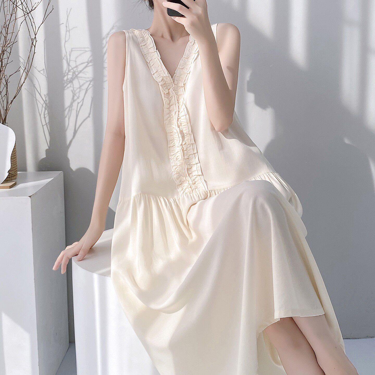 简约甜美睡裙夏天坎肩连衣裙棉绸睡衣女款中长裙子无袖背心家居服