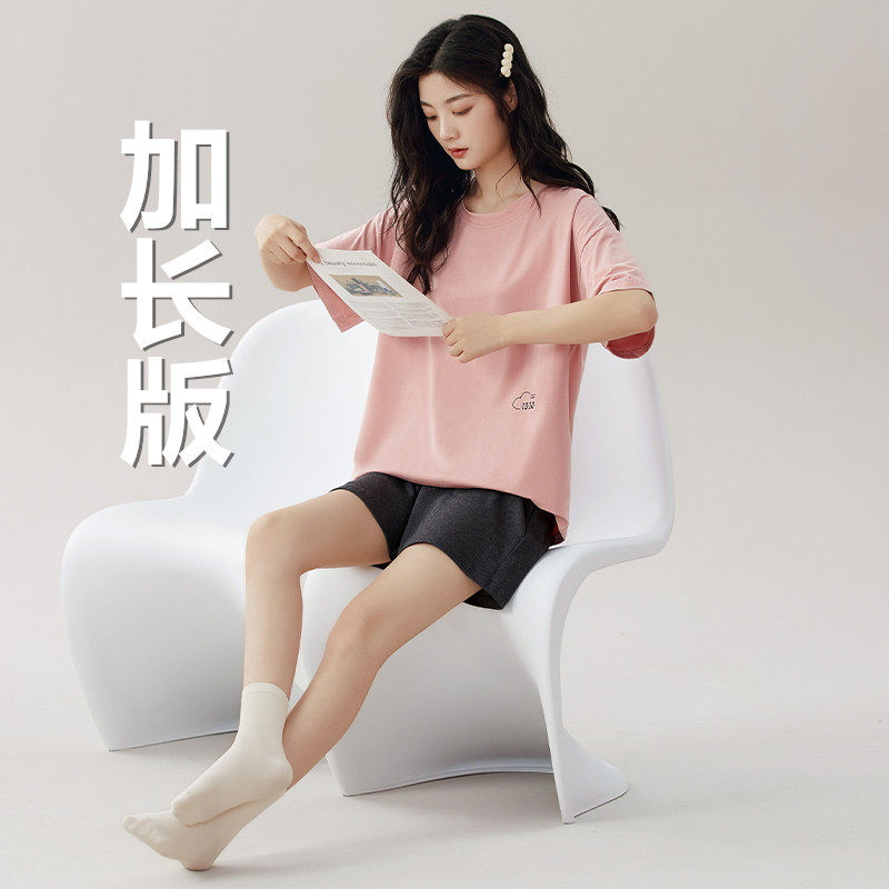 加长版女款套头圆领高个子170-175CM睡衣夏天纯棉短袖短裤家居服