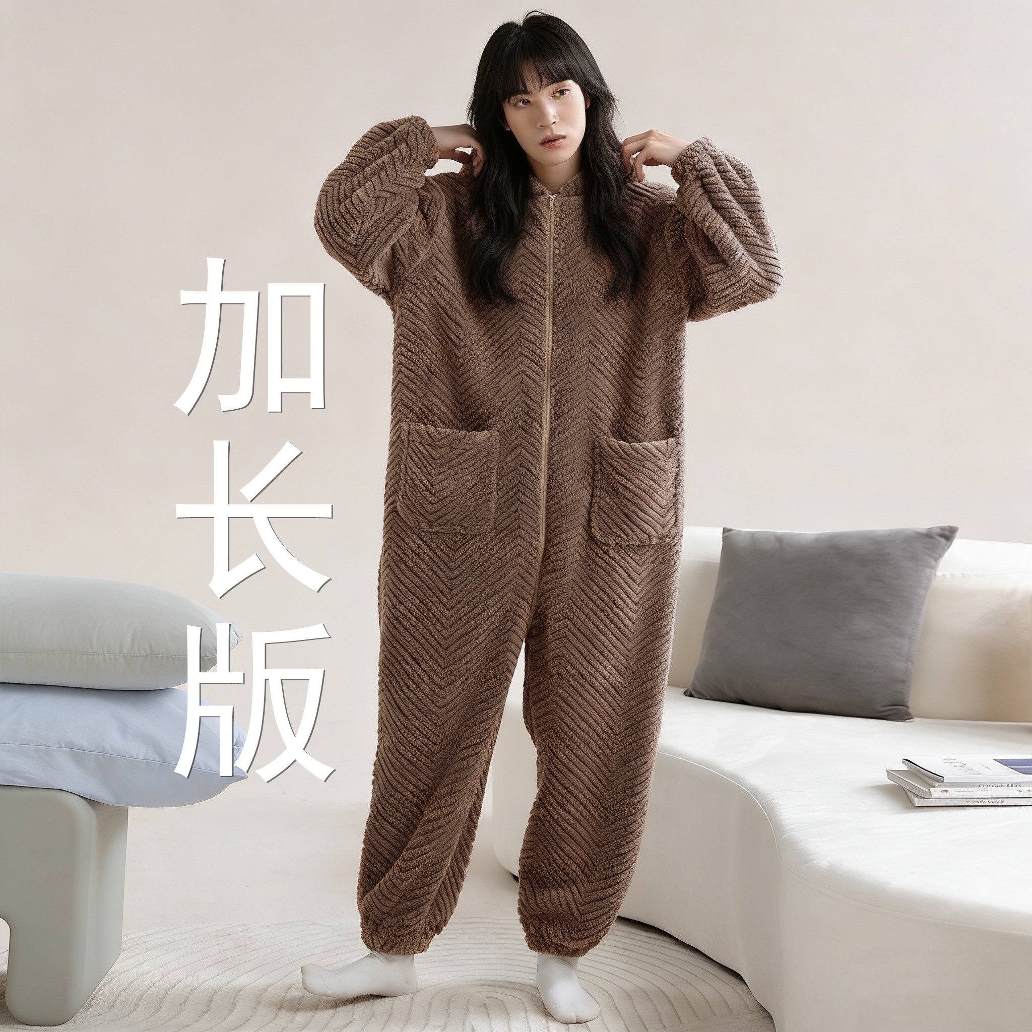 加长版高个子连体睡衣冬季加厚珊瑚绒保暖170以上女款连帽家居服