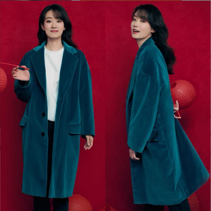 2022央视春晚张小斐同款蓝绿色丝绒大衣中长款宽松廓形风衣外套女