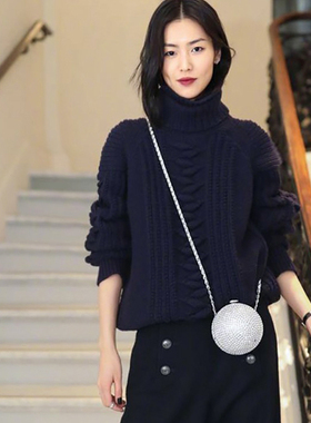 2023秋冬新款明星刘雯同款毛衣女高领套头藏蓝色宽松粗针加厚外套