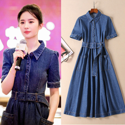 刘亦菲同款秋连衣裙时尚棉纯色