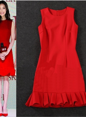 倪妮明星同款修身显瘦小红裙结婚显瘦无袖红色鱼尾连衣裙女小礼服
