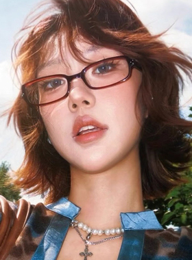 复古Y2K港风辣妹装饰平光镜女红色长方形可配度数近视眼镜框圆脸