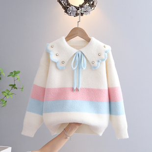 女童秋冬季毛衣2024新款儿童水貂绒中大童洋气娃娃领针织衫上衣