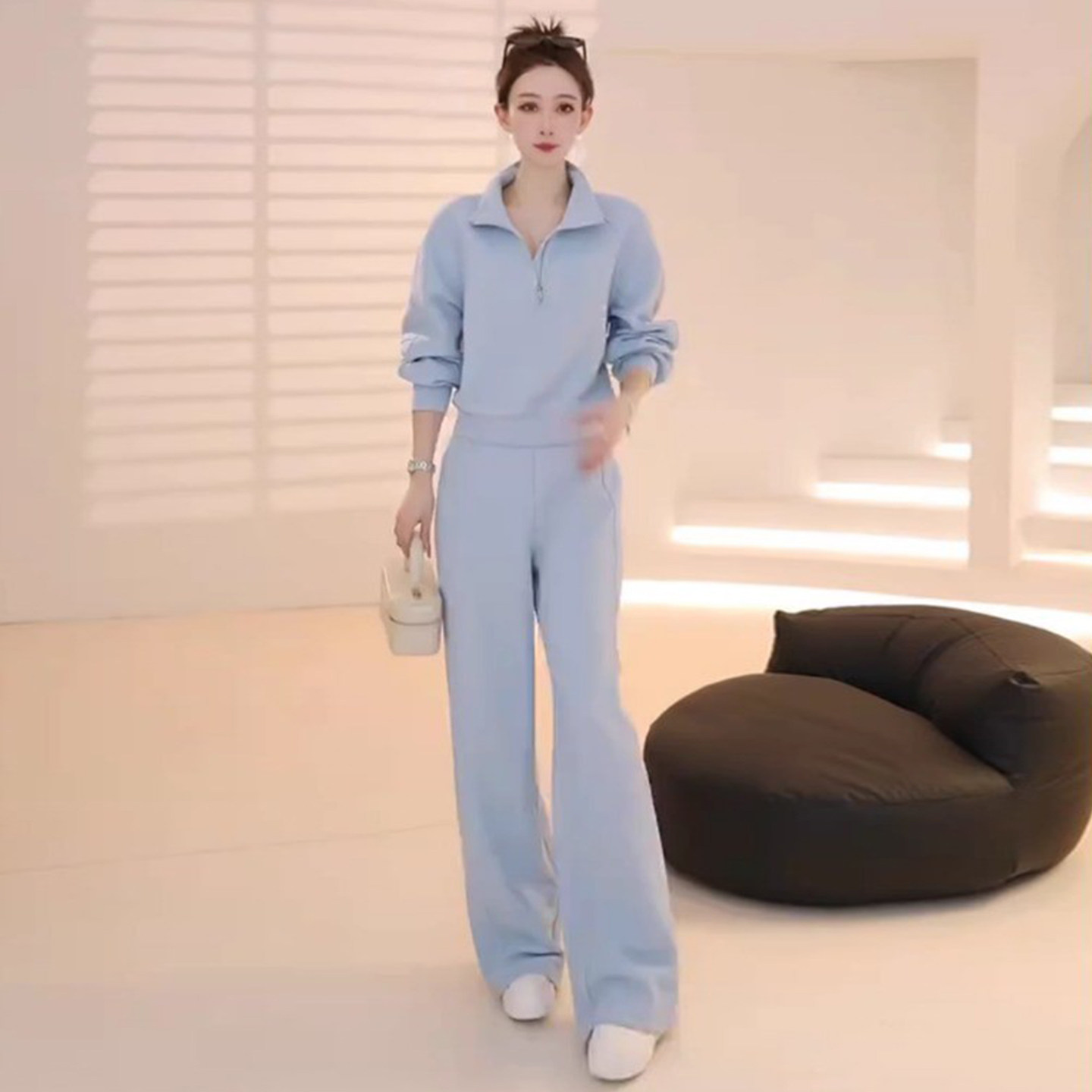 韩版休闲运动套装女春季新款洋气显瘦半开立领卫衣直筒长裤两件套