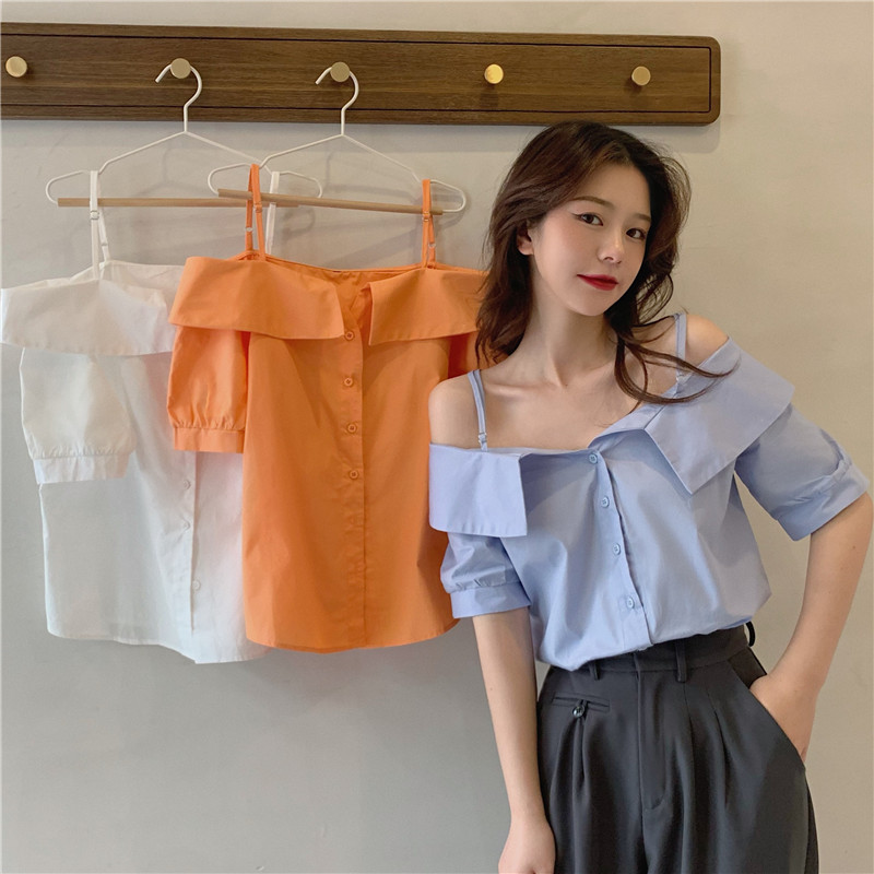 Real shot real price summer new design one line collar off shoulder suspender Shirt Top