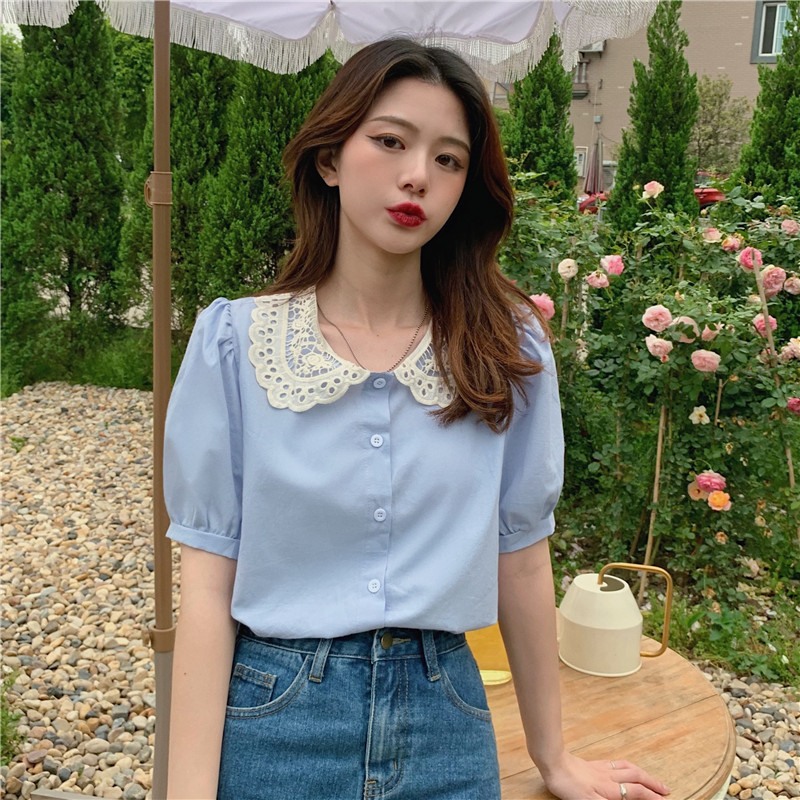 Real shot real price summer new Korean lace stitching baby collar bubble sleeve shirt
