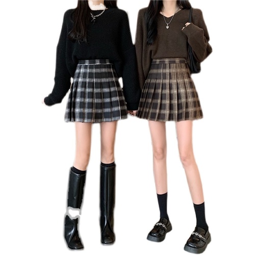 Real shooting real price autumn and winter new Korean high waist thin retro JK Wool Plaid pleated skirt A-shaped short skirt