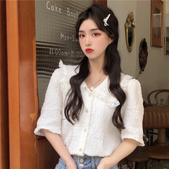 Real shot real price summer new Korean French lace splicing baby collar bubble sleeve shirt