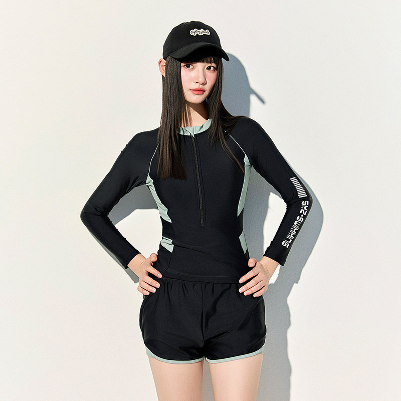 新款专业大码游泳泳衣女学生长袖防晒沙滩保守游泳馆专用平角游装
