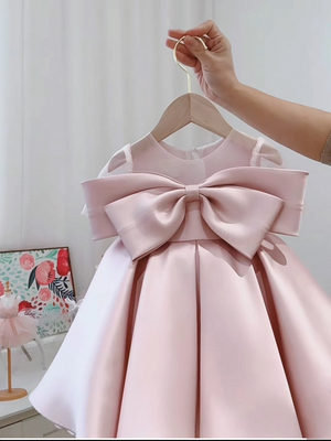 女童周岁礼服粉色丝缎公主裙短袖儿童高端生日表演蝴蝶结蓬蓬纱裙