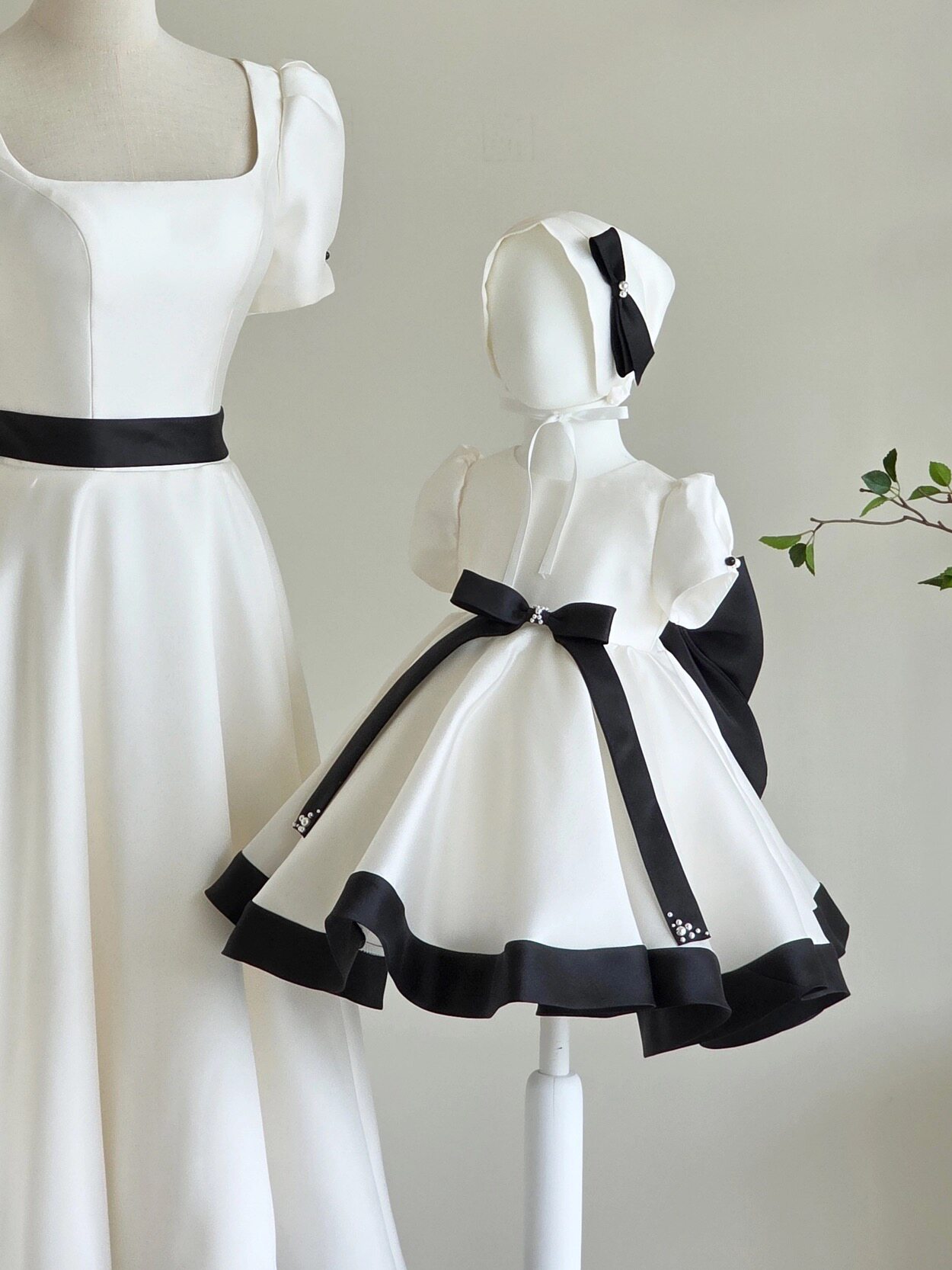 进口缎面韩国女宝宝周岁礼服抓周拍照生日洋气花童钢琴公主裙黑白