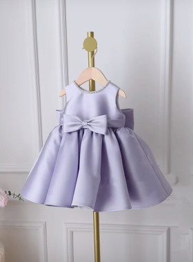 新品女宝秋冬生日礼服紫色两件套长袖公主裙小外套无袖小花童周岁