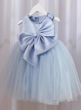上新原创说手工领口蓝色儿童女宝晚宴演出主持人钢琴花童礼服纱裙