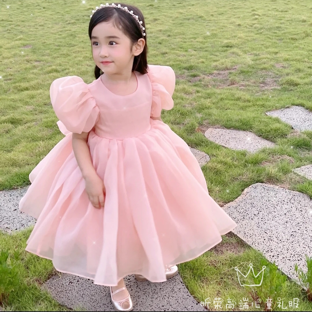新品定制粉色儿童洋气蓬蓬袖礼服