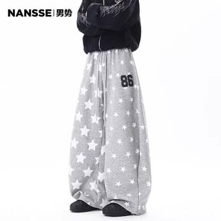 美式满印星星阔腿运动卫裤子男春季潮牌宽松休闲百搭抽绳拖地长裤