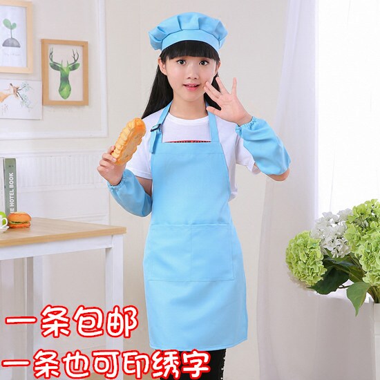 包邮可爱儿童小孩宝宝围裙套装绘画室美术烘焙表演服定制天浅蓝色