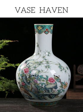 宋代美学超好看仿古中式粉彩孔雀天球花瓶高端大气上档次摆件礼品