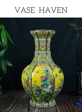 宋代宋式美学超好看仿古珐琅彩花鸟六方瓶中式氛围感花瓶工艺摆件