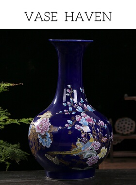 宋代宋式美学特别好看的宝石蓝釉中式赏瓶家居客厅网红爆款插花瓶