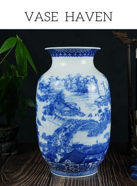 宋代美学仿古青花清明上河图冬瓜花瓶高端大气上档次客厅书房摆件