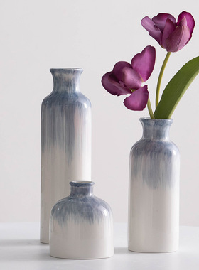 超好看手绘蓝色适合餐桌摆放的干花鲜花瓶绝美特别情绪稳定插花器