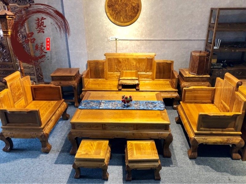 小叶桢楠金丝楠木家具水波纹卷书沙发九件套房客厅中式实木沙发