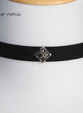 RC原创设计 菱形铆钉素链 黑色麂皮绒短款脖颈链高街朋克加宽项圈