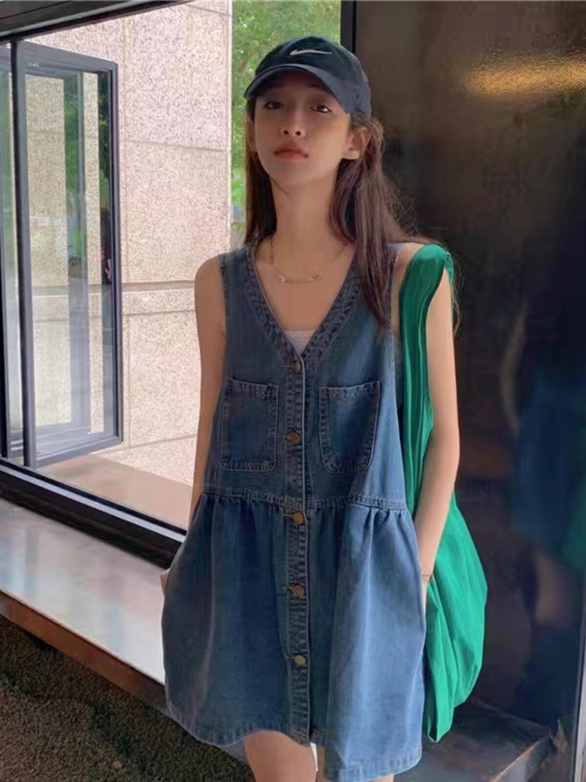 奶系牛仔背带裙女套装小个子春秋2023新款韩版宽松短牛仔连衣裙夏