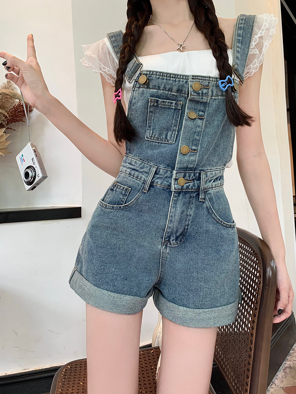 网红减龄牛仔背带短裤女夏季图片