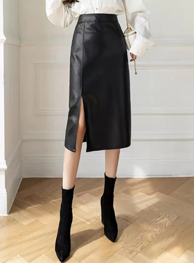 2025秋冬新款高腰绵羊皮皮裙真皮皮裙开叉包臀A字一步裙时尚中裙