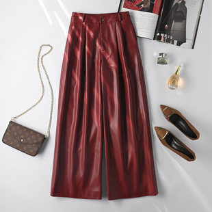 百搭拖地长裤 2025新款 高腰宽松显瘦直筒阔腿裤 真皮皮裤 绵羊皮皮裤