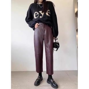 欧洲站2025秋冬新款真皮皮裤绵羊皮皮直筒西装小个子九分哈伦裤潮