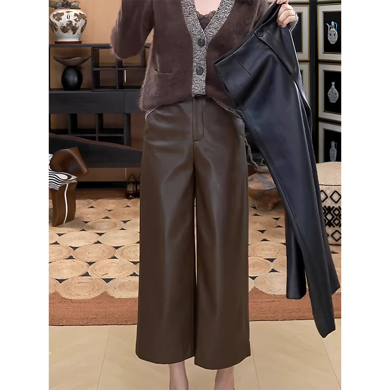 咖色光泽感九分真皮皮裤女流行2025新款洋气减龄直筒裤气质休闲裤,女装/女士精品,休闲裤,淘宝优惠券,粉丝福利购,淘宝优惠卷